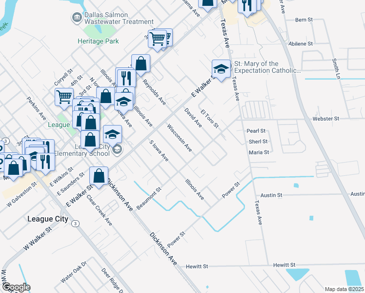 map of restaurants, bars, coffee shops, grocery stores, and more near 719 Wisconsin Ave in League City