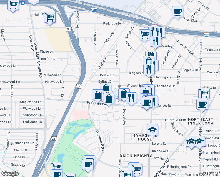 map of restaurants, bars, coffee shops, grocery stores, and more near 1515 East Sandalwood Lane in San Antonio