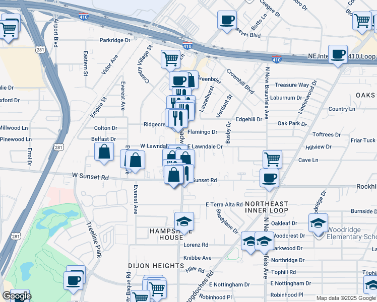 map of restaurants, bars, coffee shops, grocery stores, and more near 8058 Broadway in San Antonio
