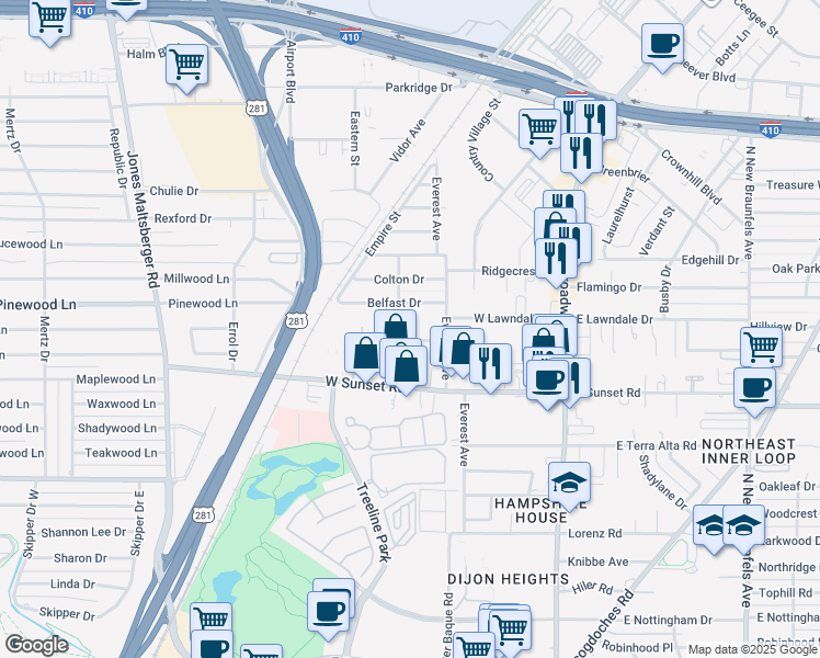 map of restaurants, bars, coffee shops, grocery stores, and more near 1515 East Sandalwood Lane in San Antonio