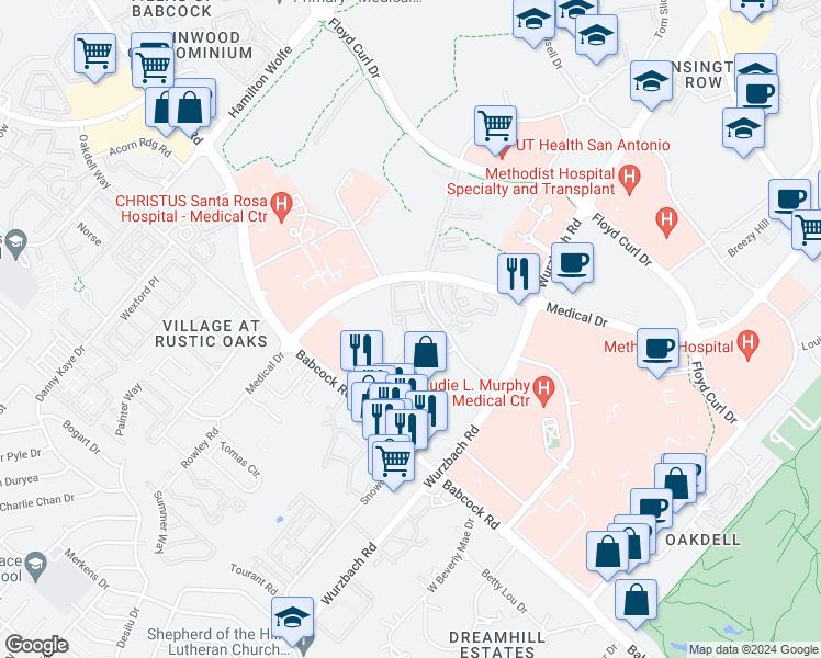 map of restaurants, bars, coffee shops, grocery stores, and more near 5055 Von Scheele Drive in San Antonio