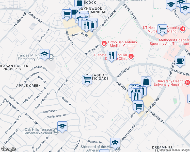 map of restaurants, bars, coffee shops, grocery stores, and more near 7830 Rustic Park in San Antonio