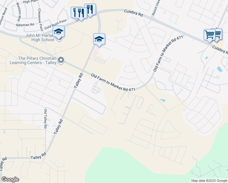 map of restaurants, bars, coffee shops, grocery stores, and more near 15464 Old Farm to Market Road 471 West in San Antonio