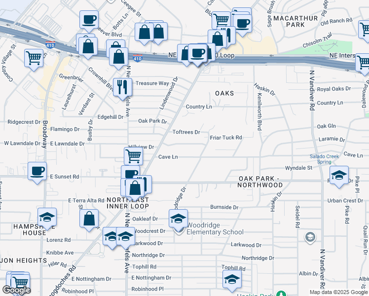 map of restaurants, bars, coffee shops, grocery stores, and more near 226 Hillview Drive in San Antonio