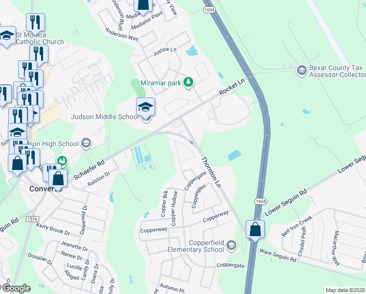 map of restaurants, bars, coffee shops, grocery stores, and more near 8541 Coppersky in Converse