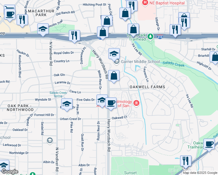 map of restaurants, bars, coffee shops, grocery stores, and more near 4101 Harry Wurzbach Road in San Antonio