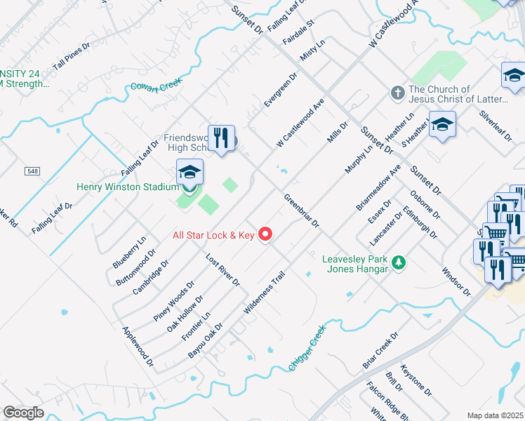map of restaurants, bars, coffee shops, grocery stores, and more near 1012 Killarney Avenue in Friendswood