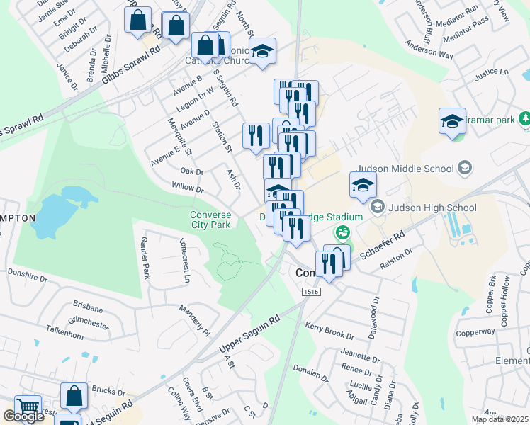map of restaurants, bars, coffee shops, grocery stores, and more near 102 School Street in Converse