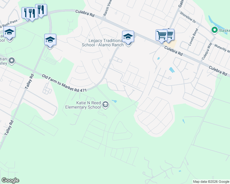 map of restaurants, bars, coffee shops, grocery stores, and more near 13814-13930 Old Farm to Market 471 West in San Antonio