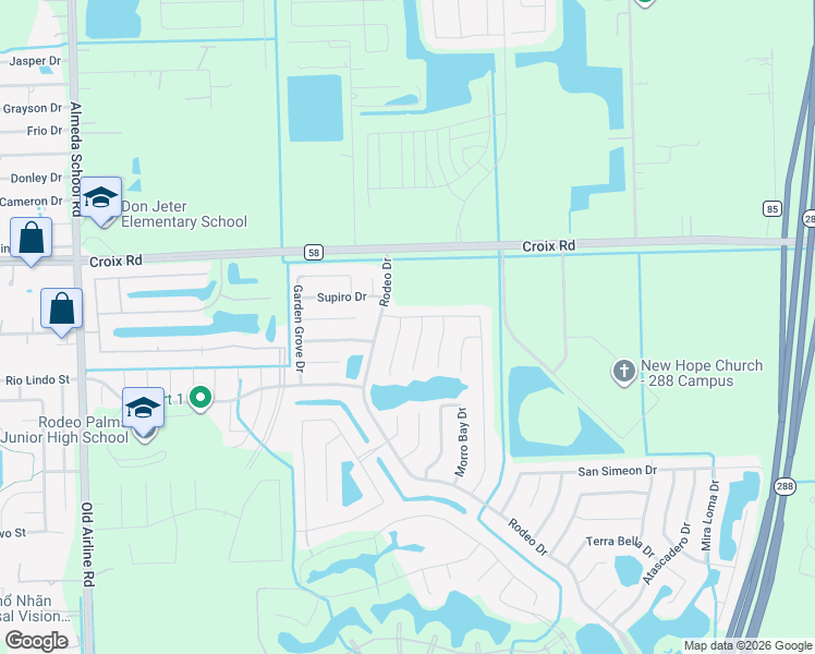 map of restaurants, bars, coffee shops, grocery stores, and more near 32 Lavida Court in Manvel
