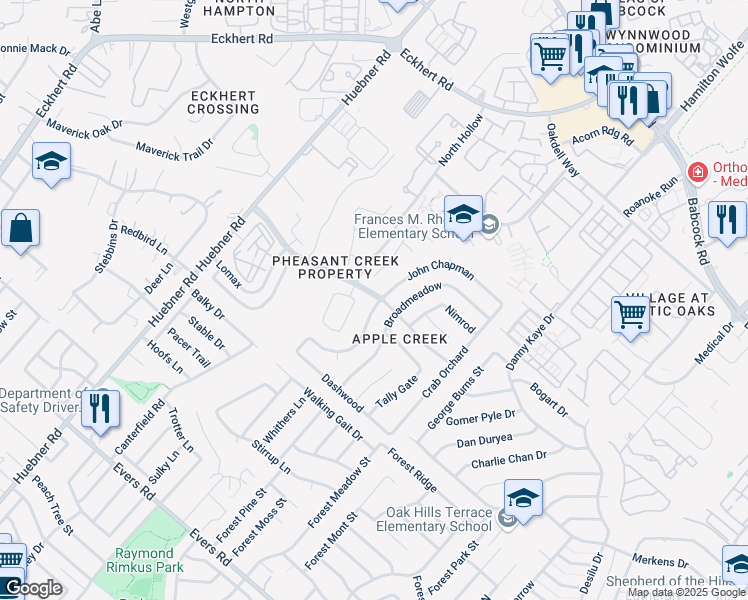 map of restaurants, bars, coffee shops, grocery stores, and more near 6203 John Chapman in San Antonio