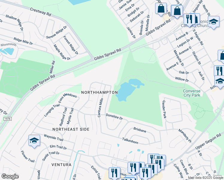 map of restaurants, bars, coffee shops, grocery stores, and more near 8230 Chestnut Manor Drive in Converse