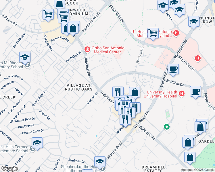 map of restaurants, bars, coffee shops, grocery stores, and more near 5280 Medical Drive in San Antonio