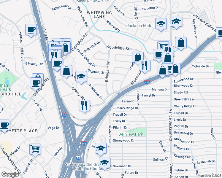 map of restaurants, bars, coffee shops, grocery stores, and more near 7811 Robin Hill Drive in San Antonio