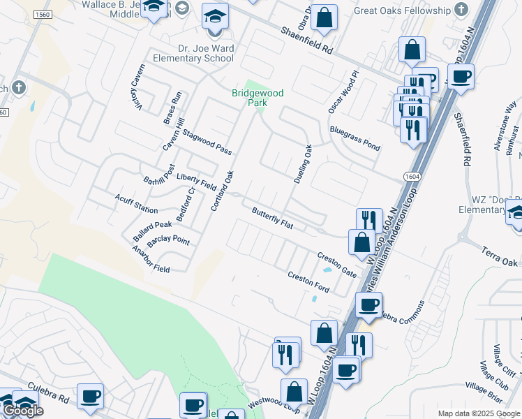 map of restaurants, bars, coffee shops, grocery stores, and more near 10835 Butterfly Flat in San Antonio