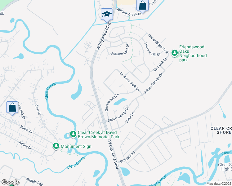 map of restaurants, bars, coffee shops, grocery stores, and more near 3339 Queensburg Ln in Friendswood