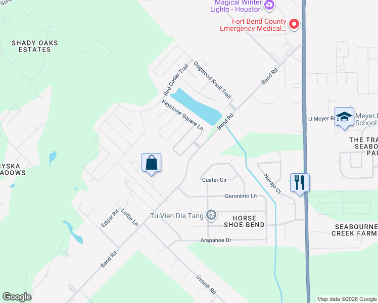 map of restaurants, bars, coffee shops, grocery stores, and more near 2119 Indian Clearing Trail in Rosenberg