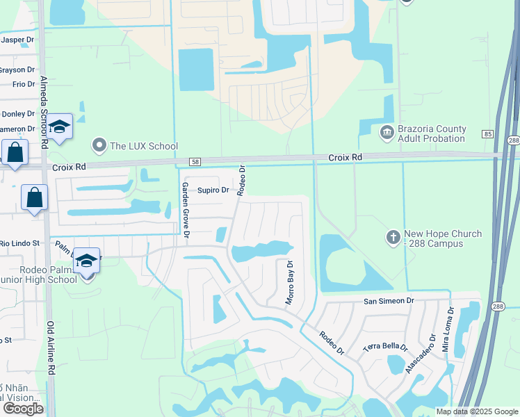 map of restaurants, bars, coffee shops, grocery stores, and more near 27 Leisure Shore Court in Manvel