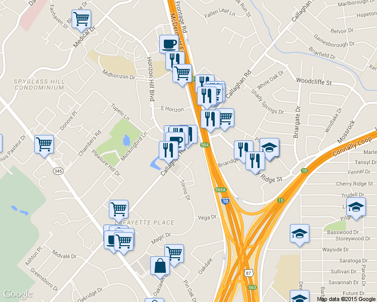 map of restaurants, bars, coffee shops, grocery stores, and more near 7870 Callaghan Road in San Antonio