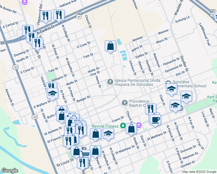 map of restaurants, bars, coffee shops, grocery stores, and more near 1009 Jesse Smith Street in Gonzales