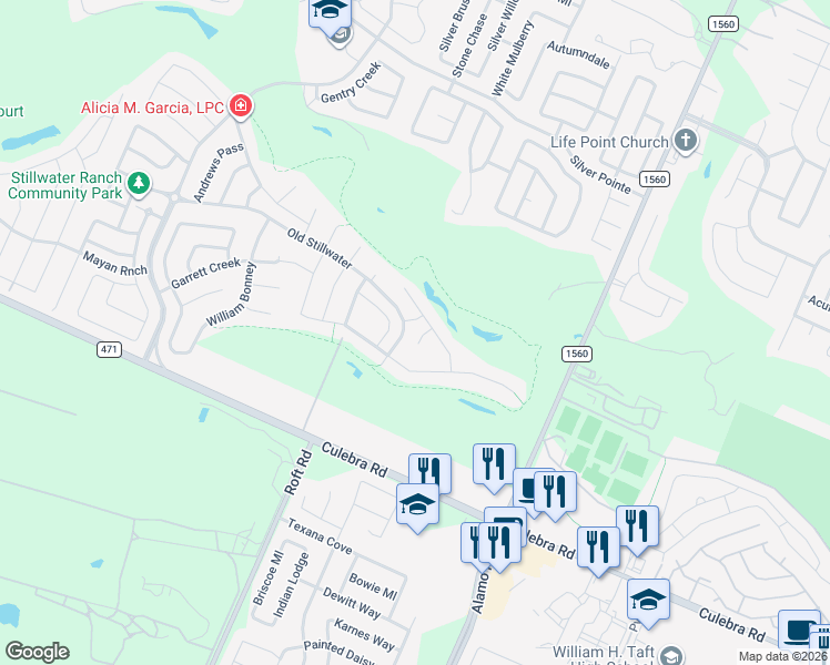 map of restaurants, bars, coffee shops, grocery stores, and more near 12011 Rounders in San Antonio
