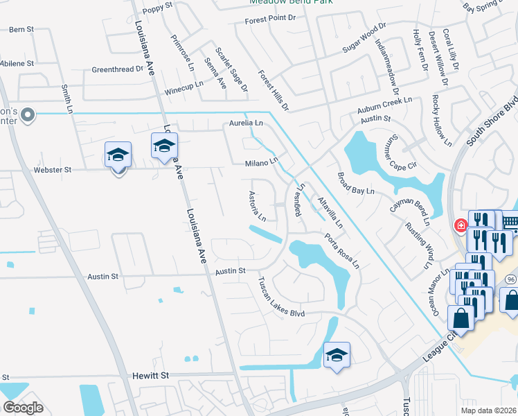map of restaurants, bars, coffee shops, grocery stores, and more near 986 Astoria Lane in League City