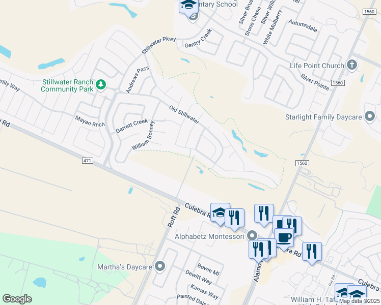 map of restaurants, bars, coffee shops, grocery stores, and more near 12150 White River Drive in San Antonio