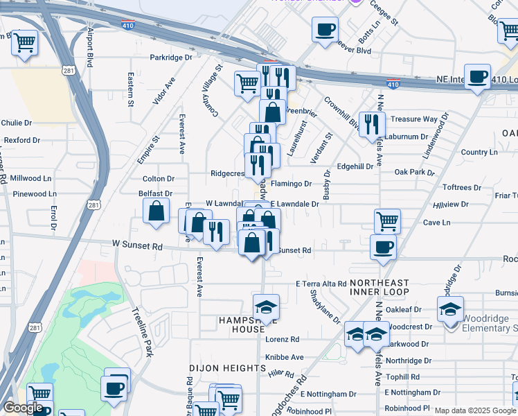 map of restaurants, bars, coffee shops, grocery stores, and more near 8058 Broadway in San Antonio