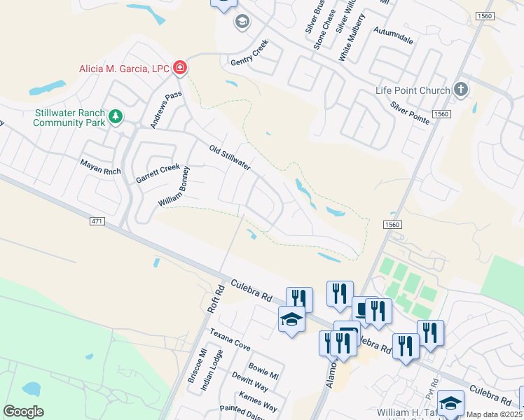 map of restaurants, bars, coffee shops, grocery stores, and more near 12125 White River Drive in San Antonio