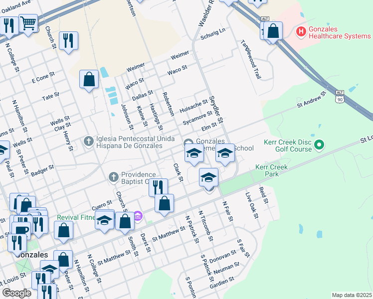 map of restaurants, bars, coffee shops, grocery stores, and more near 1600 Saint Andrew Street in Gonzales