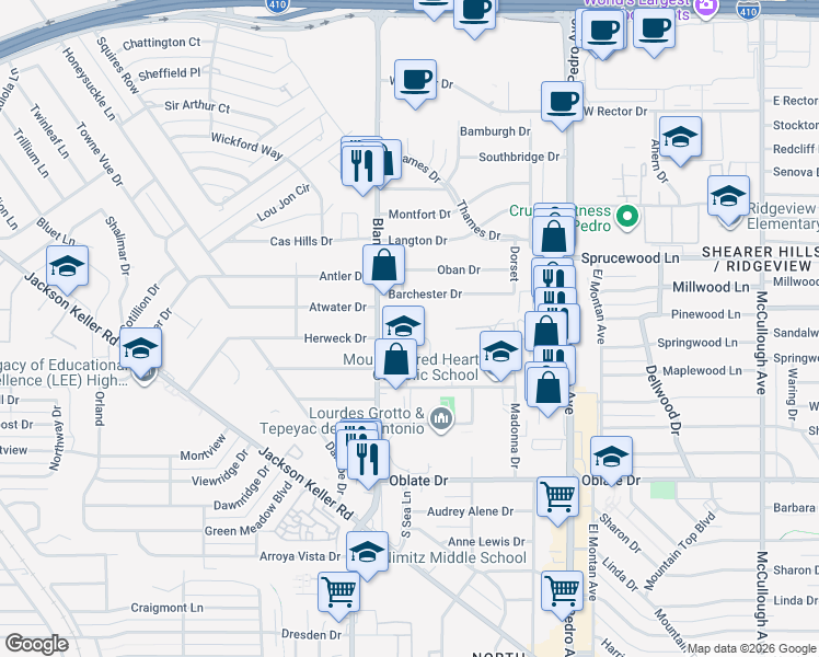 map of restaurants, bars, coffee shops, grocery stores, and more near 5922 Blanco Road in San Antonio