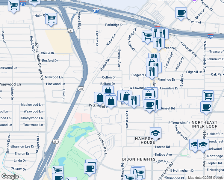 map of restaurants, bars, coffee shops, grocery stores, and more near 1515 East Sandalwood Lane in San Antonio