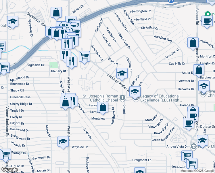 map of restaurants, bars, coffee shops, grocery stores, and more near 1650 Jackson Keller Road in San Antonio