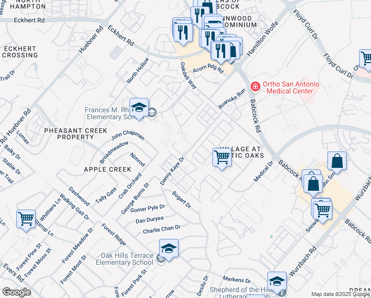 map of restaurants, bars, coffee shops, grocery stores, and more near 5940 Danny Kaye Drive in San Antonio