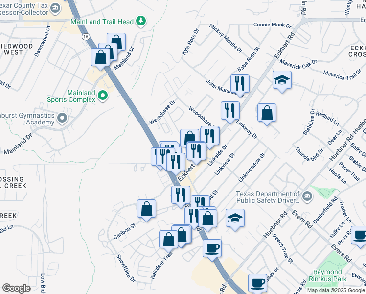 map of restaurants, bars, coffee shops, grocery stores, and more near 7540 Bandera Road in San Antonio