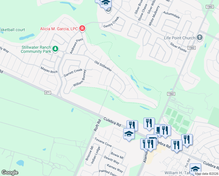 map of restaurants, bars, coffee shops, grocery stores, and more near 12150 White River Drive in San Antonio