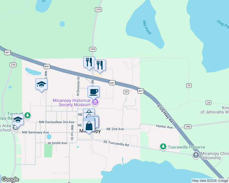 map of restaurants, bars, coffee shops, grocery stores, and more near 705 Northeast 2nd Street in Micanopy