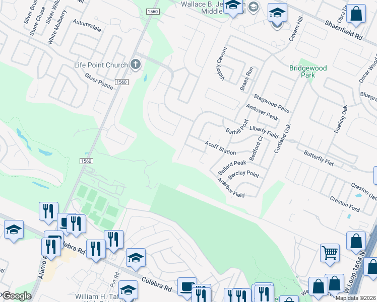 map of restaurants, bars, coffee shops, grocery stores, and more near 7507 Champion Coach in San Antonio