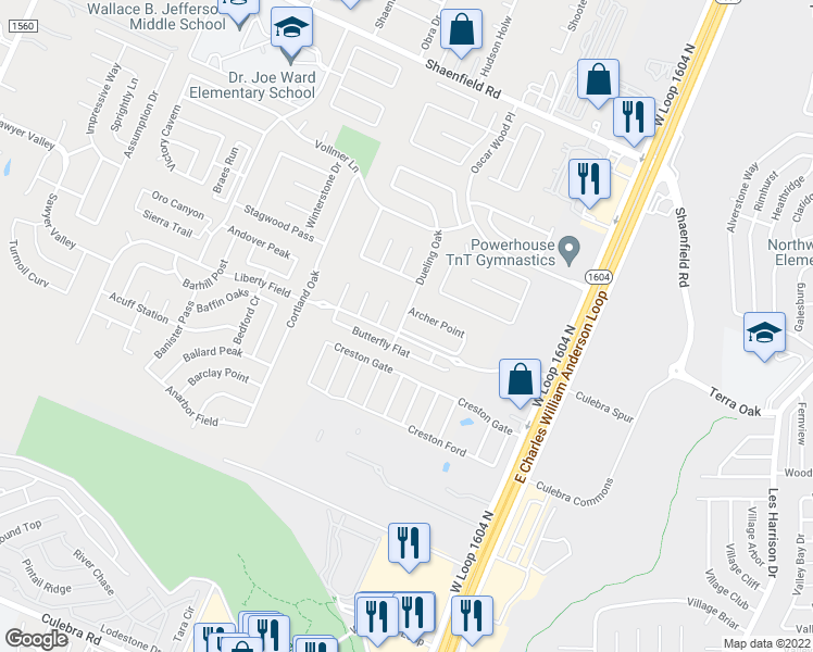 map of restaurants, bars, coffee shops, grocery stores, and more near 10731 Barbwire Pass in San Antonio