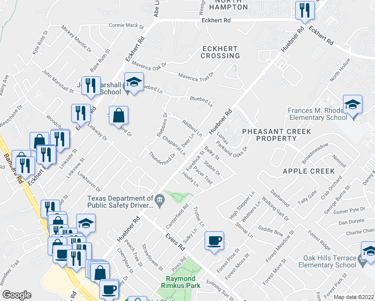 map of restaurants, bars, coffee shops, grocery stores, and more near 7706 Deer Lane in San Antonio
