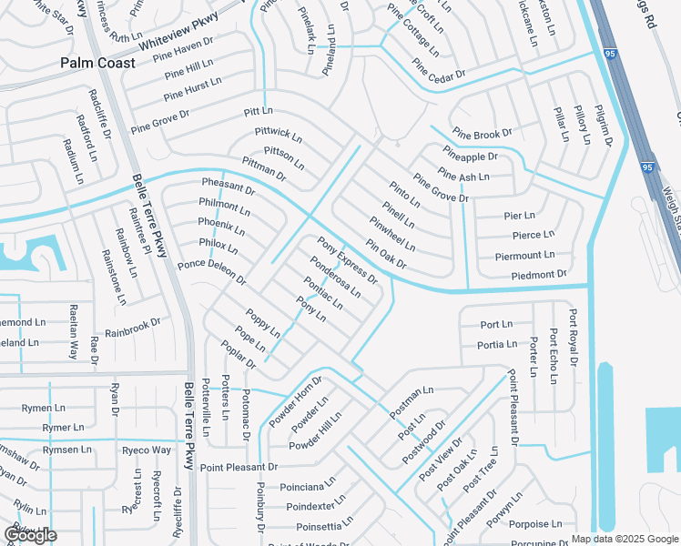 map of restaurants, bars, coffee shops, grocery stores, and more near 17 Ponderosa Lane in Palm Coast