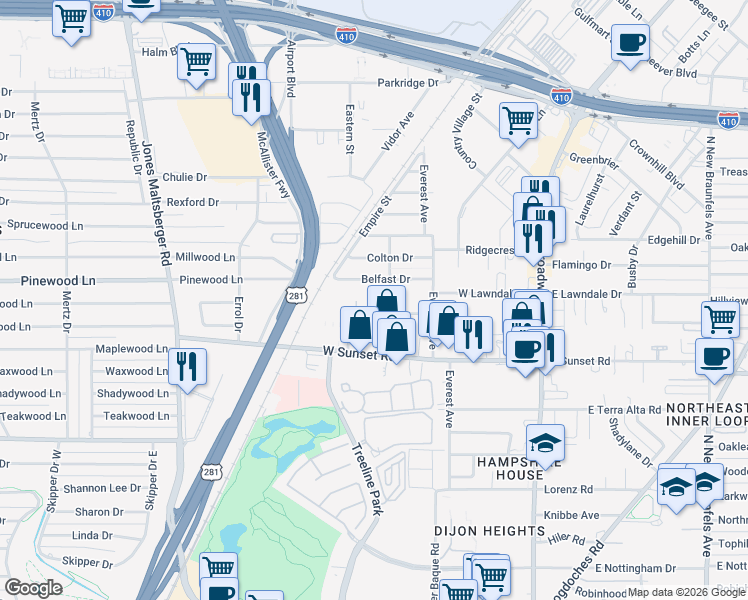 map of restaurants, bars, coffee shops, grocery stores, and more near 615 Simple Way in San Antonio