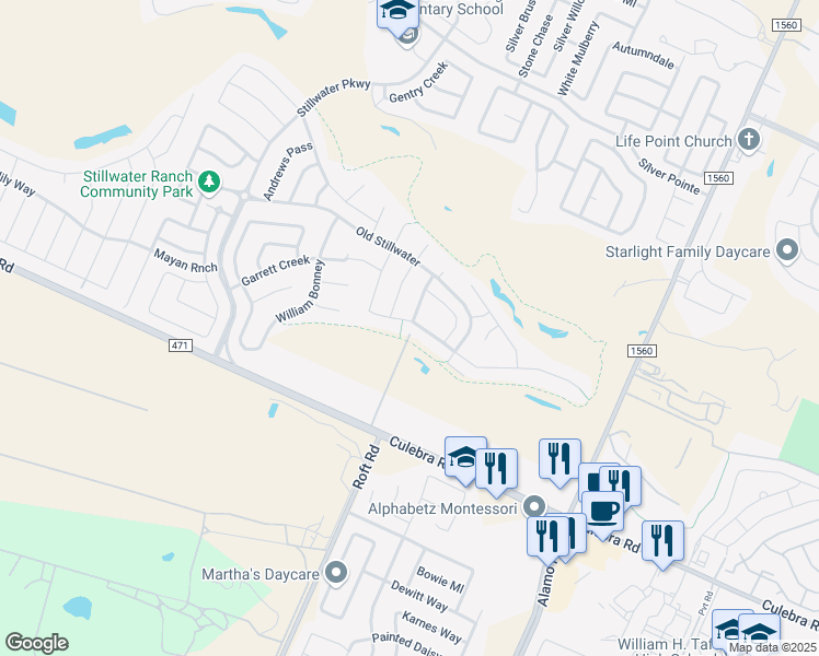 map of restaurants, bars, coffee shops, grocery stores, and more near 12142 White River Drive in San Antonio