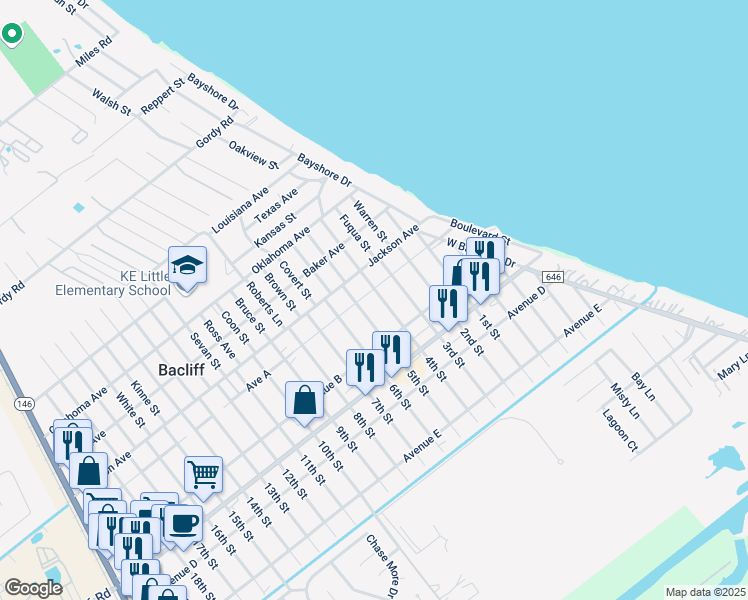map of restaurants, bars, coffee shops, grocery stores, and more near 4408 4th St in Bacliff