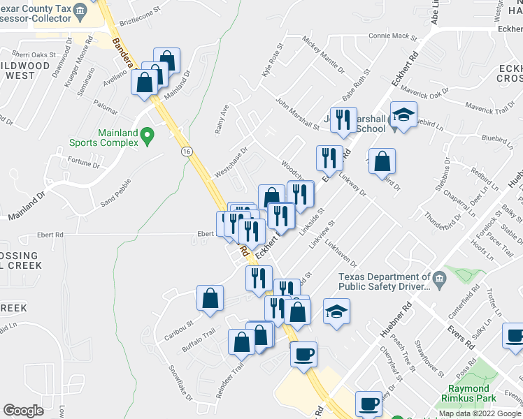 map of restaurants, bars, coffee shops, grocery stores, and more near 7540 Bandera Road in San Antonio