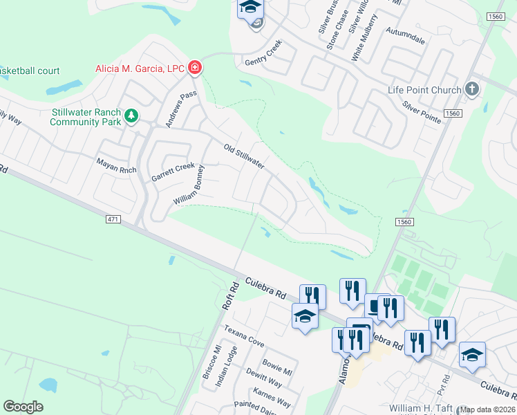 map of restaurants, bars, coffee shops, grocery stores, and more near 12142 White River Drive in San Antonio