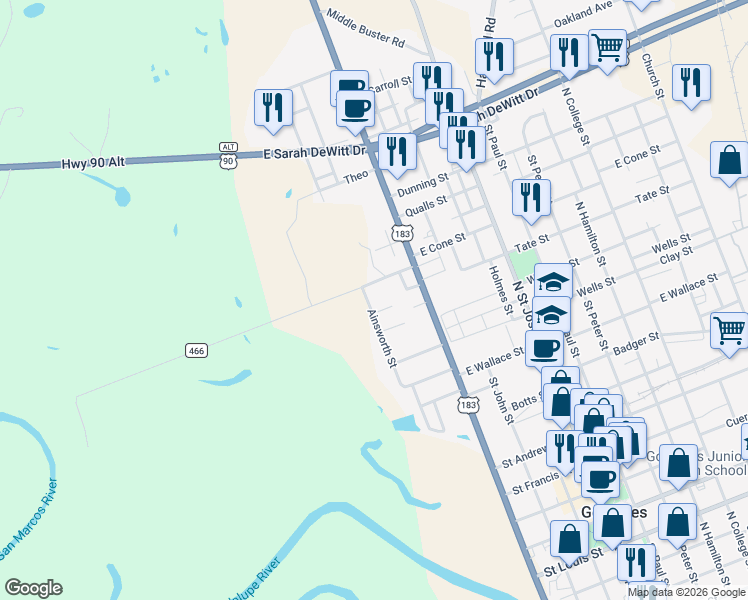 map of restaurants, bars, coffee shops, grocery stores, and more near 1418 Ainsworth Street in Gonzales