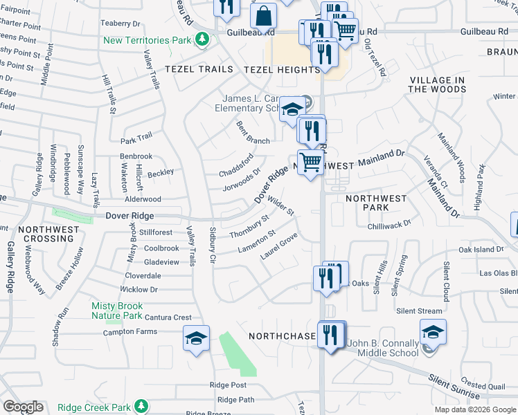 map of restaurants, bars, coffee shops, grocery stores, and more near 7303 Rock Hollow Lane in San Antonio