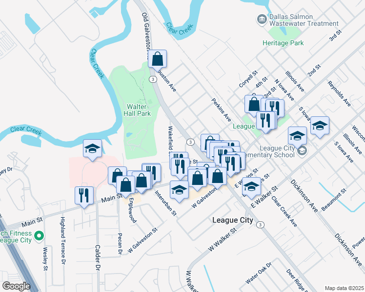 map of restaurants, bars, coffee shops, grocery stores, and more near 405 County Park Drive in League City