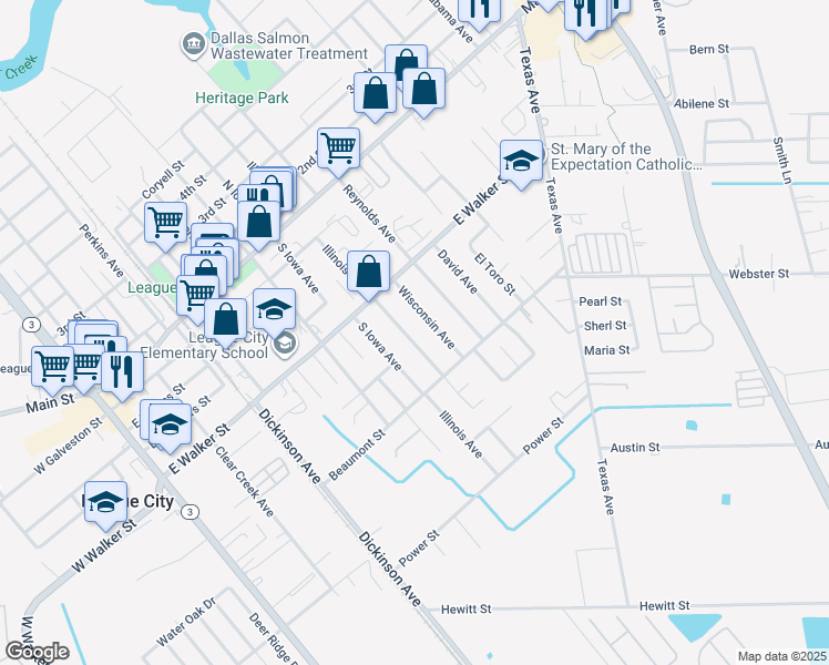 map of restaurants, bars, coffee shops, grocery stores, and more near 719 Wisconsin Avenue in League City